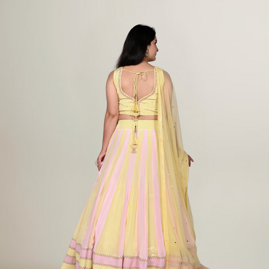 Pink and Lemon Dual Shade Lehnga Choli Dupatta
