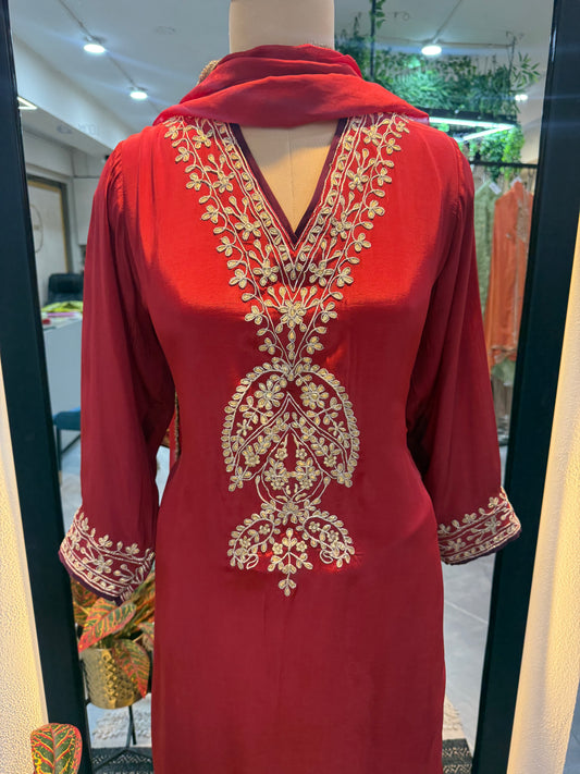 Viscose Rayon Gota Work Kurta Set with Palazzo & Dupatta (3-Piece Festive Set)