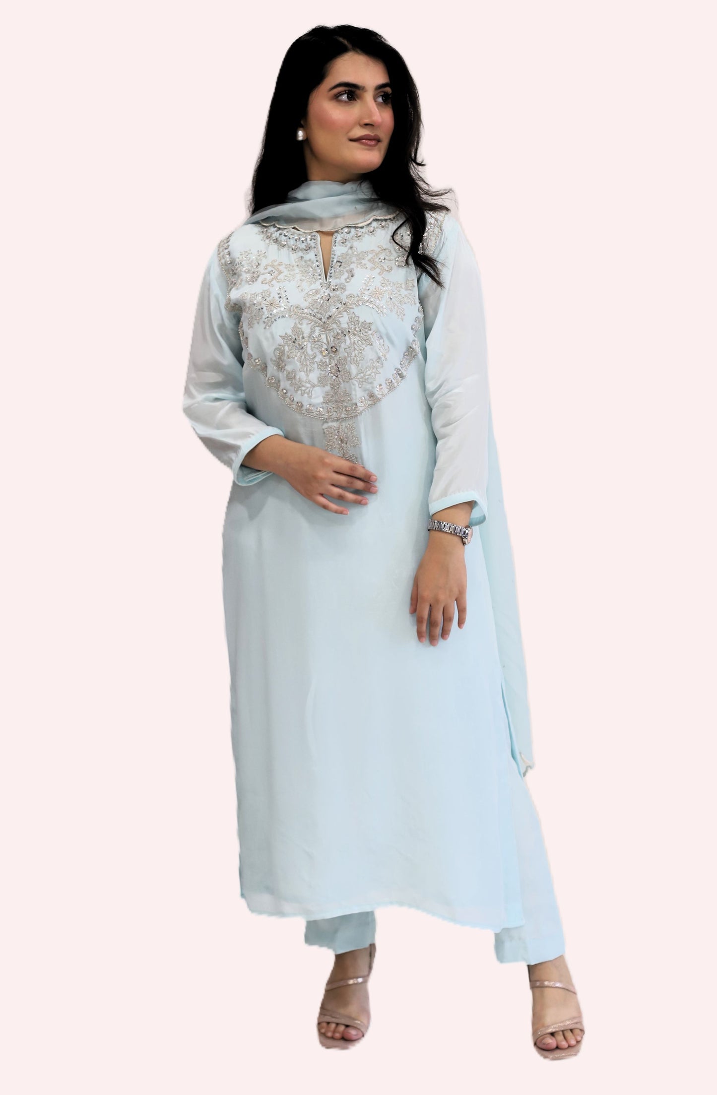 Ice Blue Viscose Crepe suit set ( stitched)