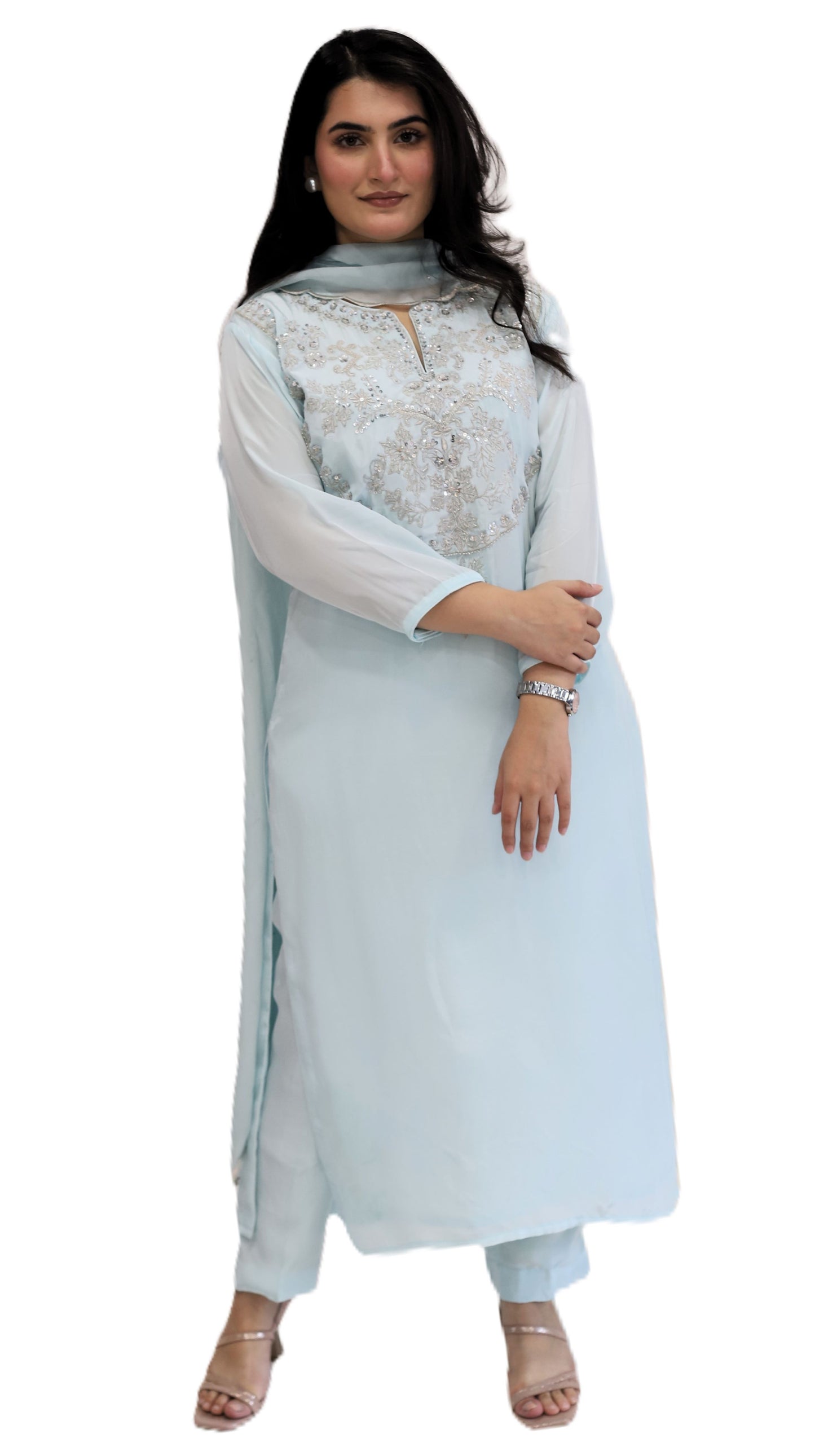 Ice Blue Viscose Crepe suit set ( stitched)