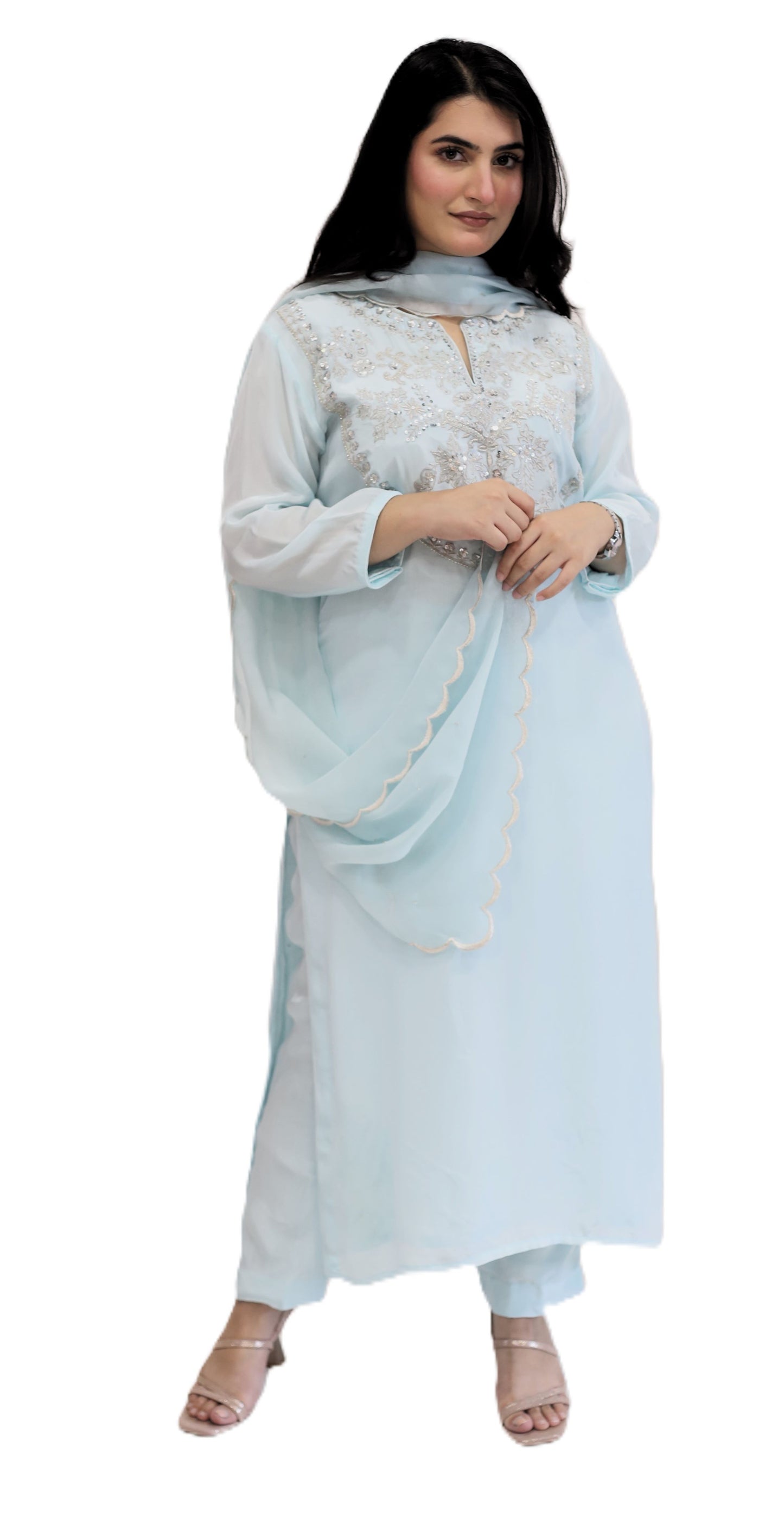 Ice Blue Viscose Crepe suit set ( stitched)