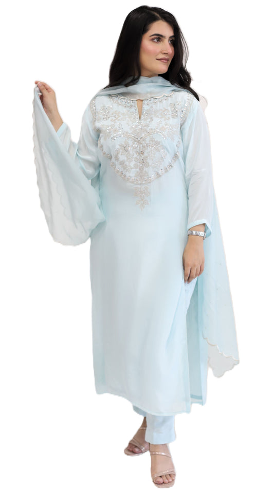 Ice Blue Viscose Crepe suit set ( stitched)
