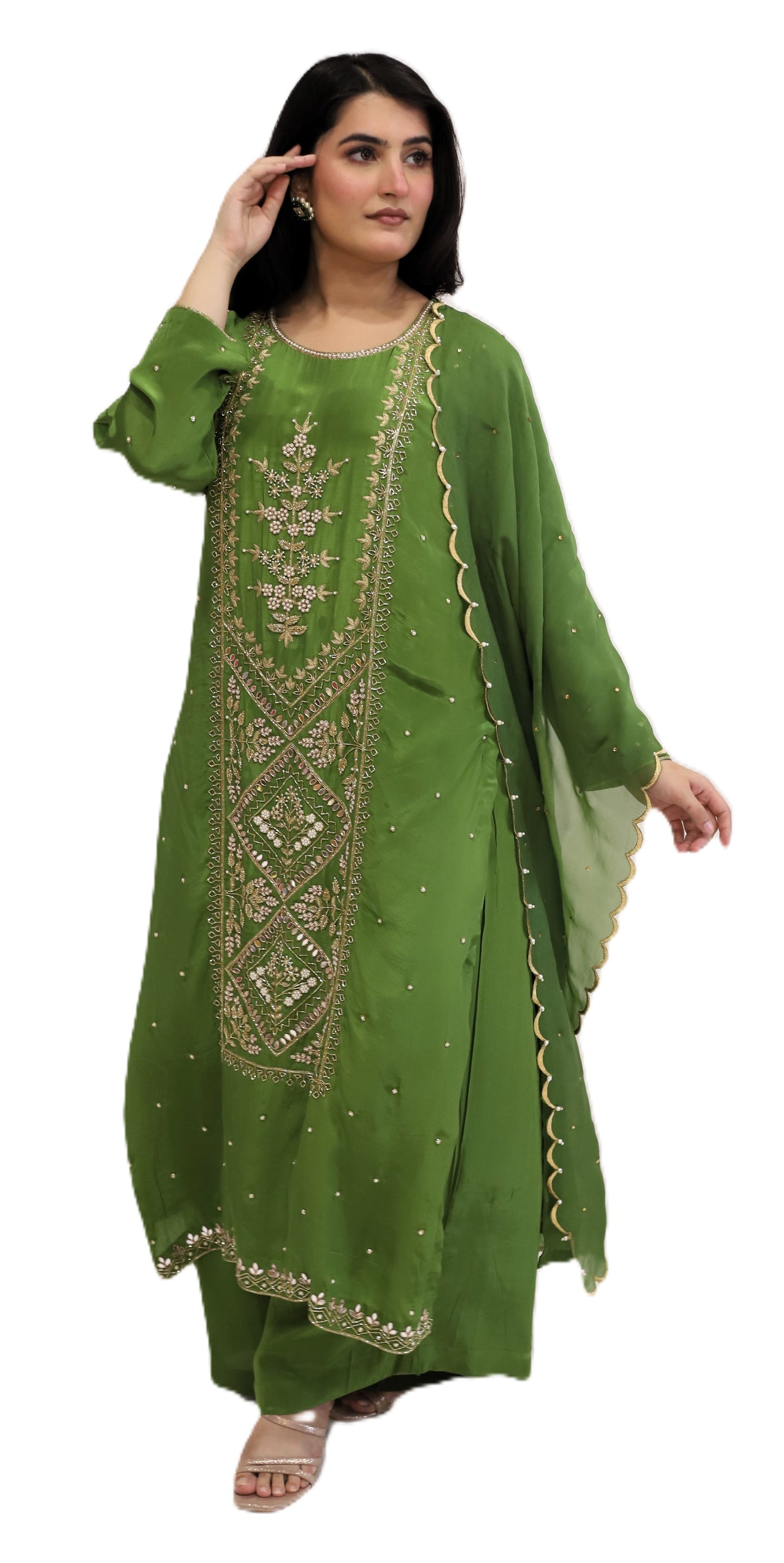 Mehndi Green suit with plazzo and dupatta (stitched)