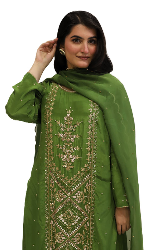 Mehndi Green suit with plazzo and dupatta (stitched)