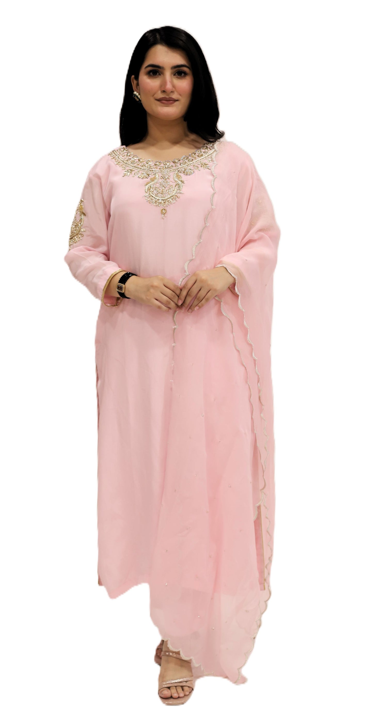 Pastel Pink viscose crepe kurta palazzo dupatta set (stitched)