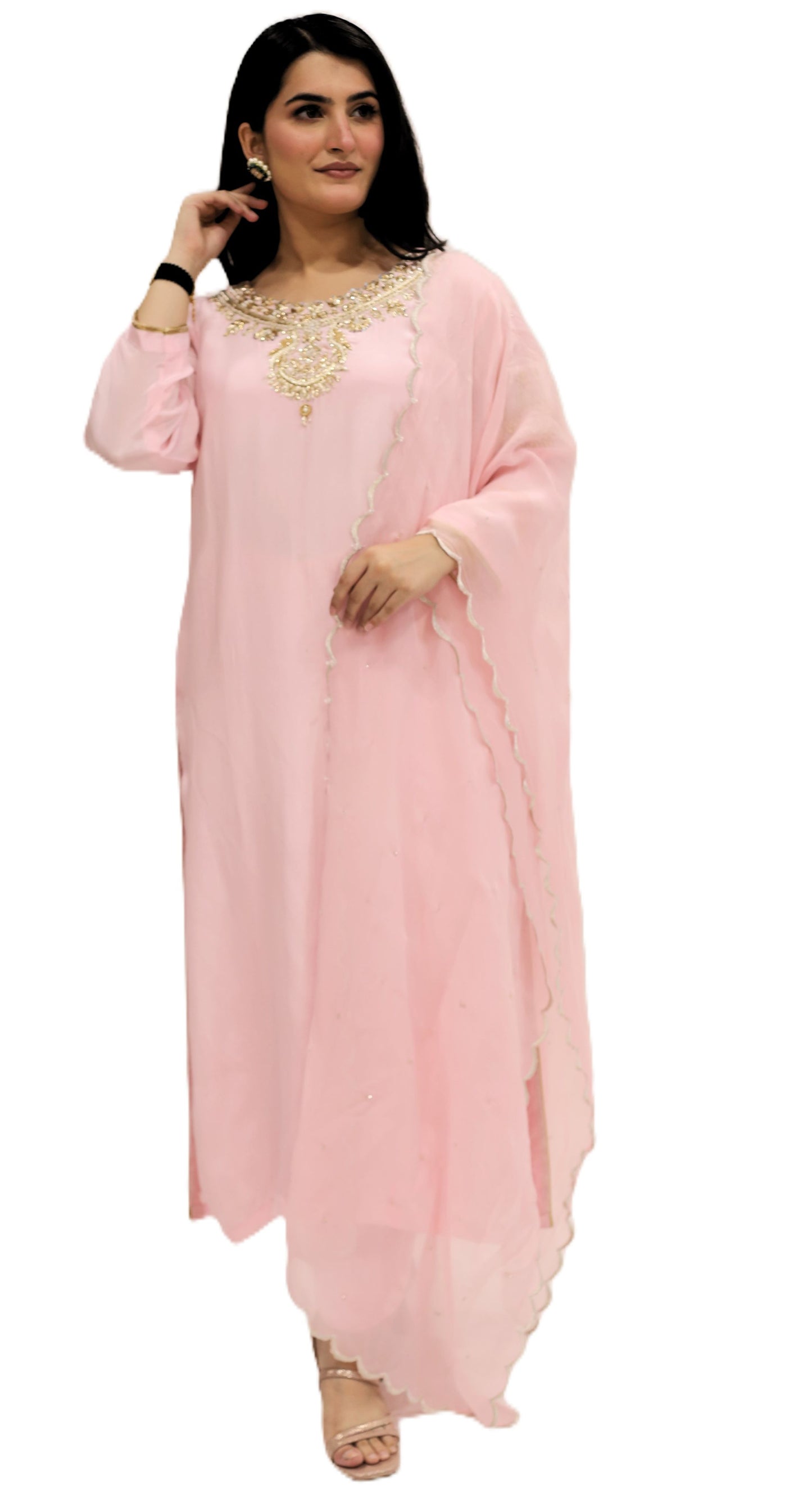 Pastel Pink viscose crepe kurta palazzo dupatta set (stitched)