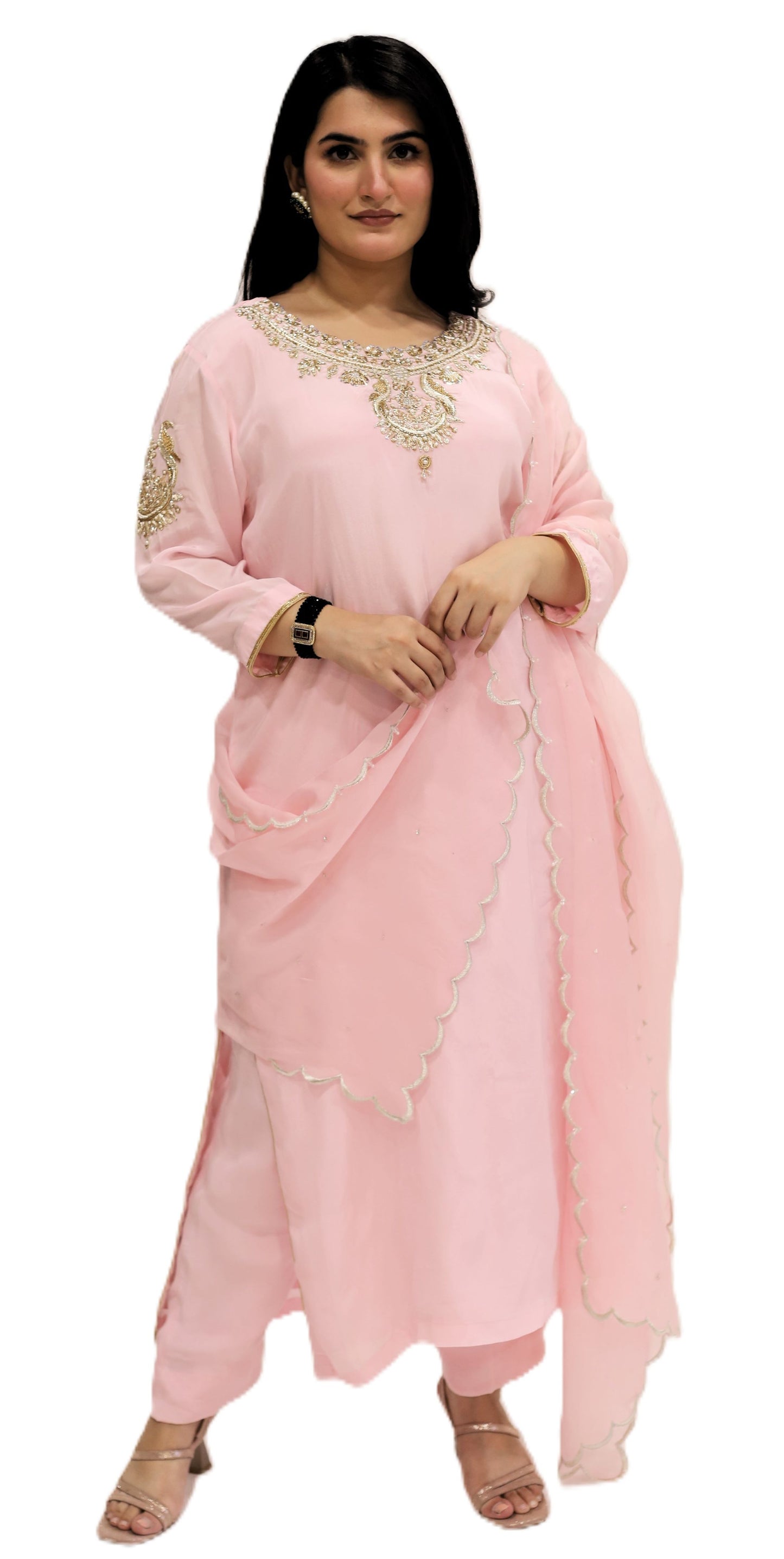 Pastel Pink viscose crepe kurta palazzo dupatta set (stitched)