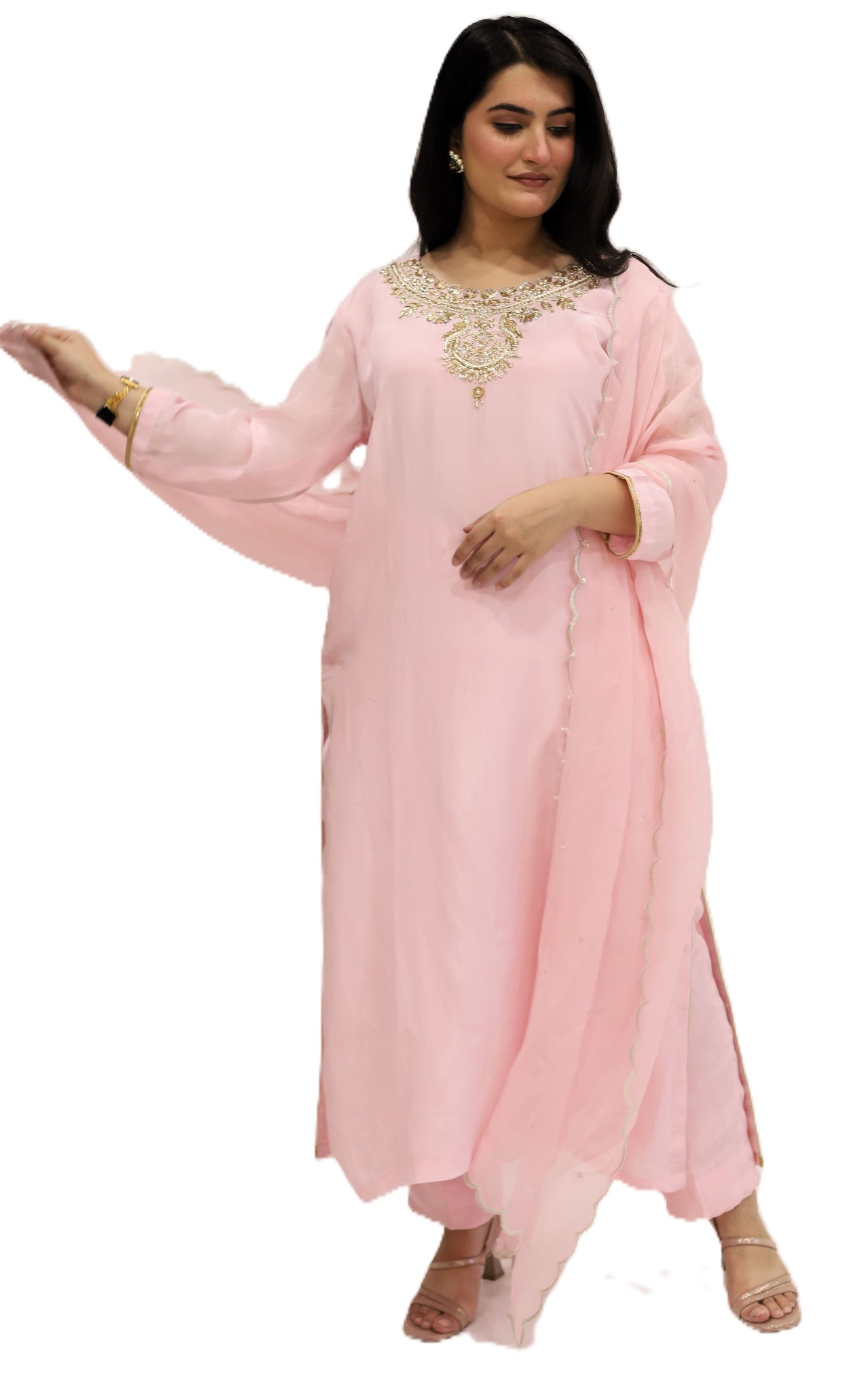 Pastel Pink viscose crepe kurta palazzo dupatta set (stitched)