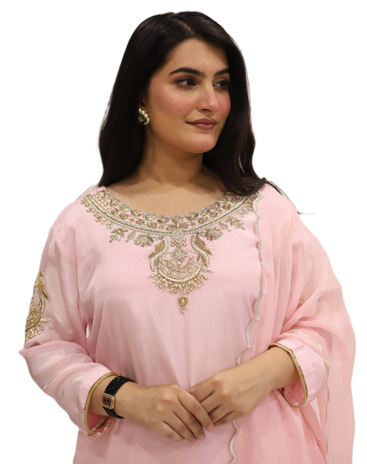 Pastel Pink viscose crepe  kurta palazzo dupatta set (stitched)