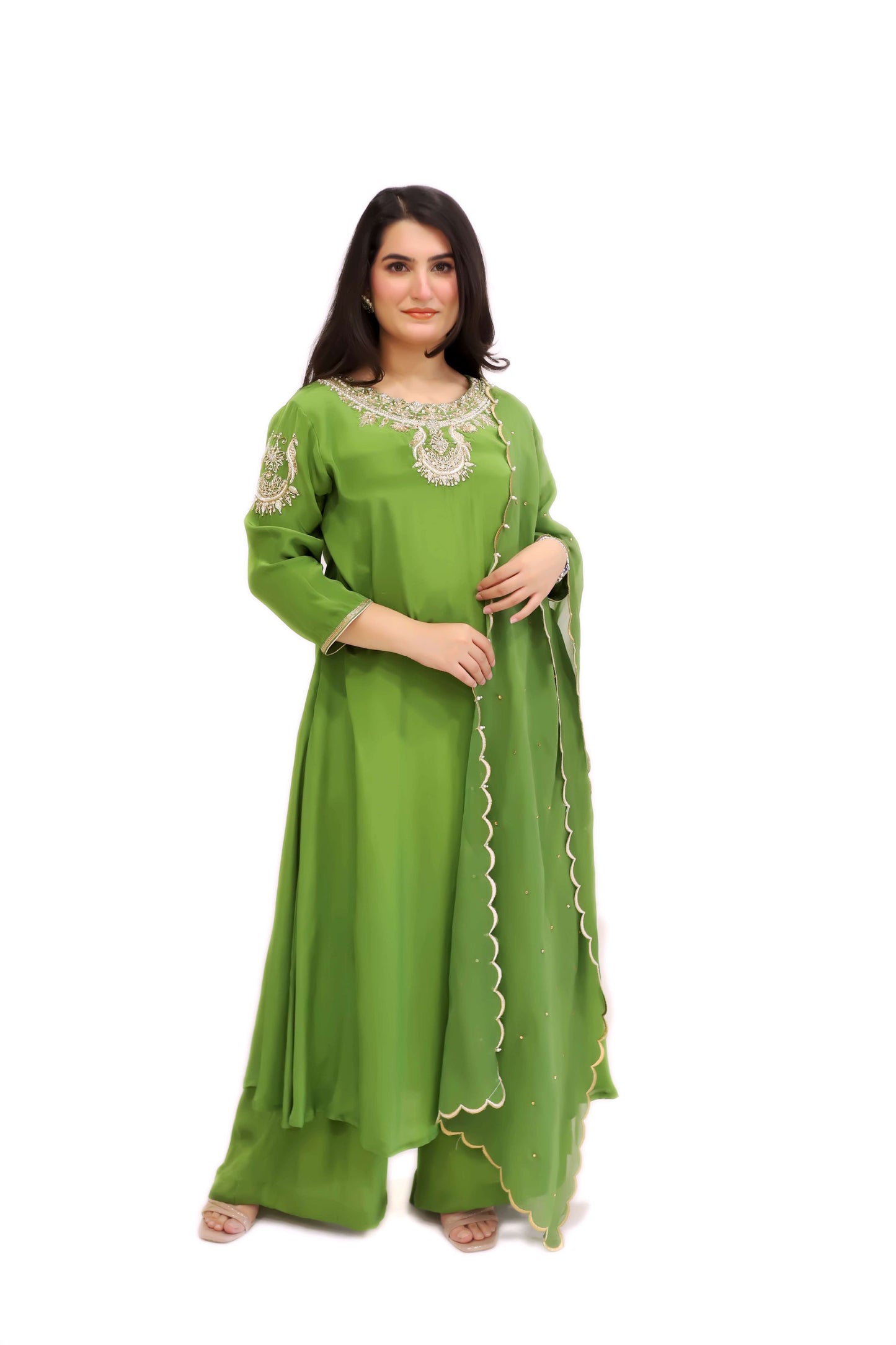 Mehndi Green suit with plazzo and dupatta (stitched)