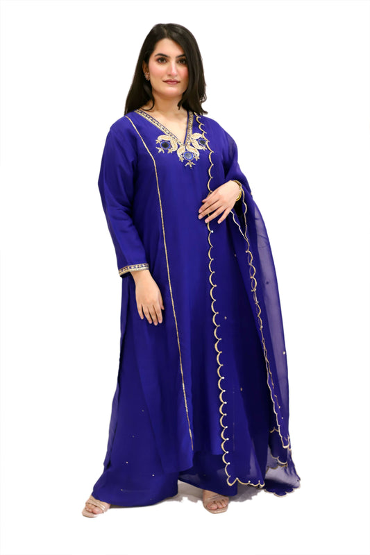 Blue Viscose crepe suit with palazzo and satin organza dupatta