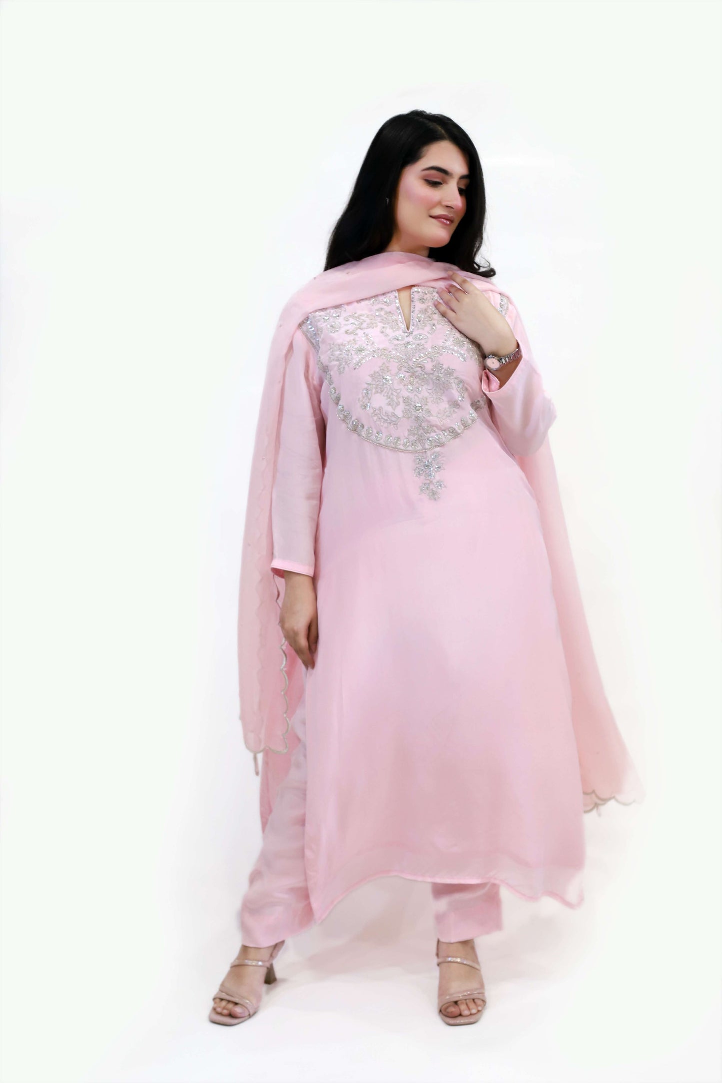 Pastel Pink Viscose Crepe suit set ( stitched)