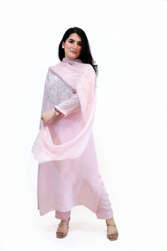 Pastel Pink Viscose Crepe suit set ( stitched)