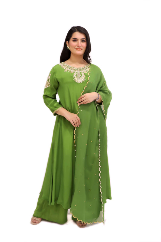 Mehndi Green suit with plazzo and dupatta (stitched)