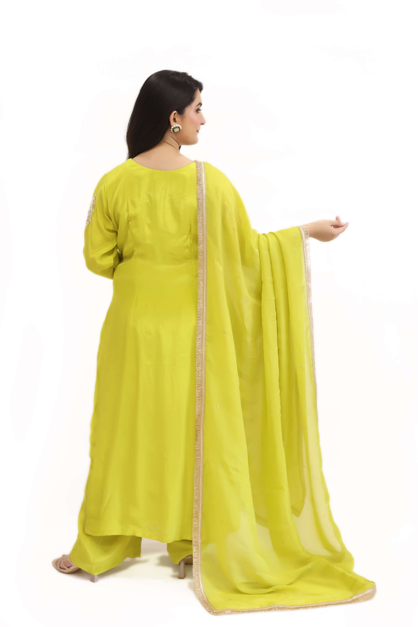 Lime Green viscose crepe kurta palazzo dupatta set (stitched)