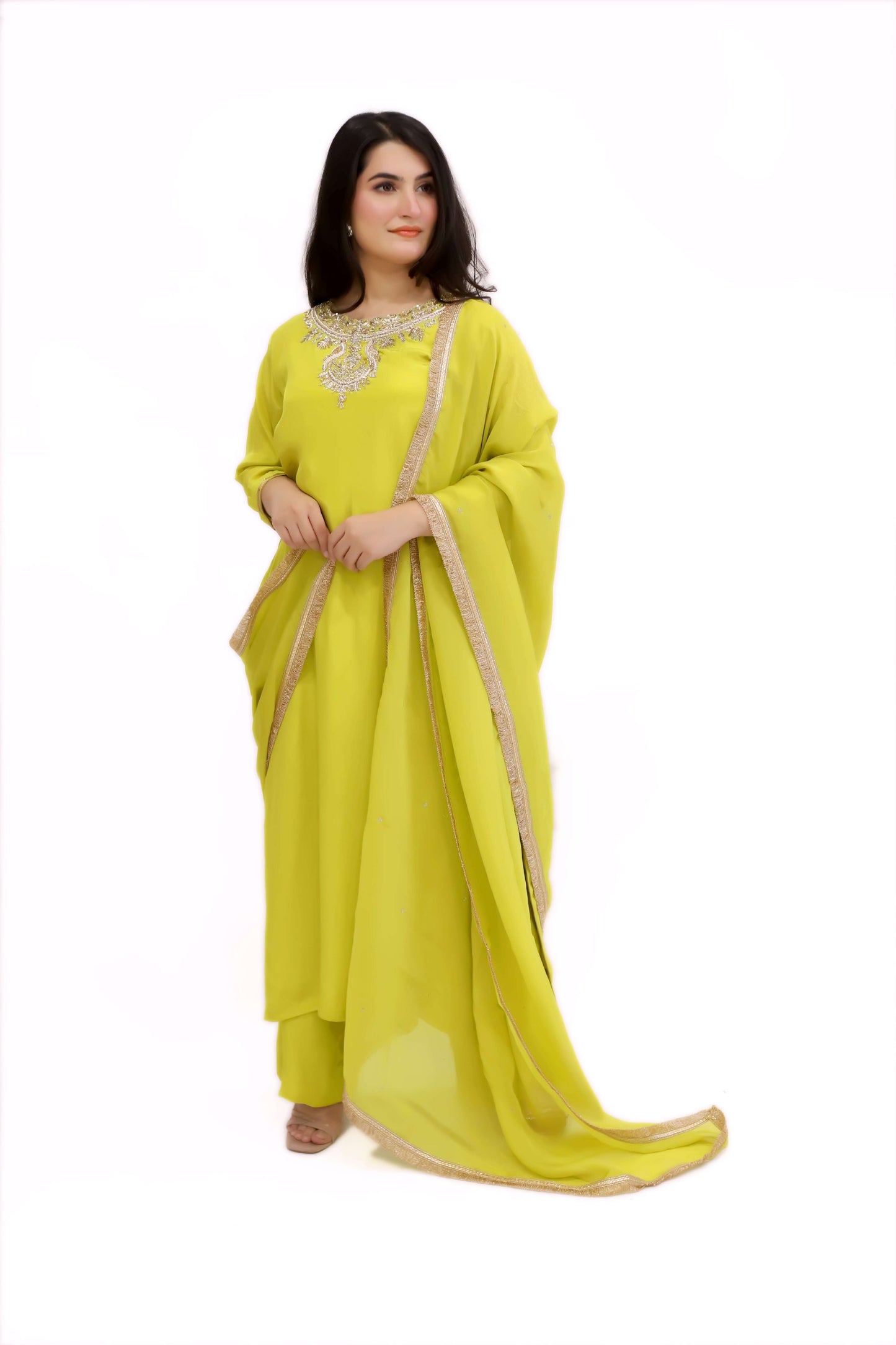 Lime Green viscose crepe kurta palazzo dupatta set (stitched)