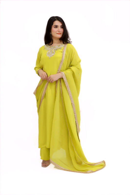 Lime Green viscose crepe  kurta palazzo dupatta set (stitched)