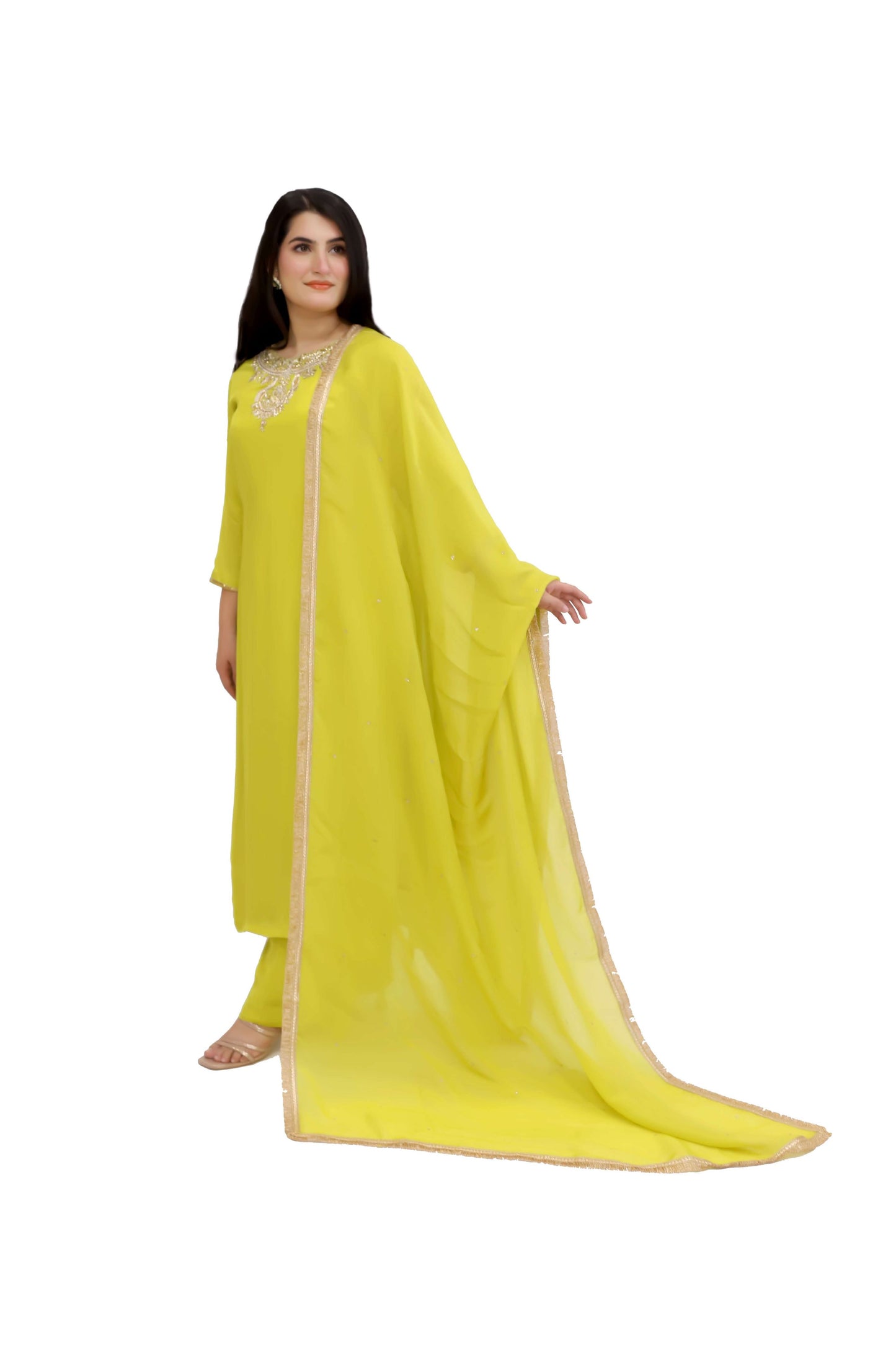 Lime Green viscose crepe kurta palazzo dupatta set (stitched)