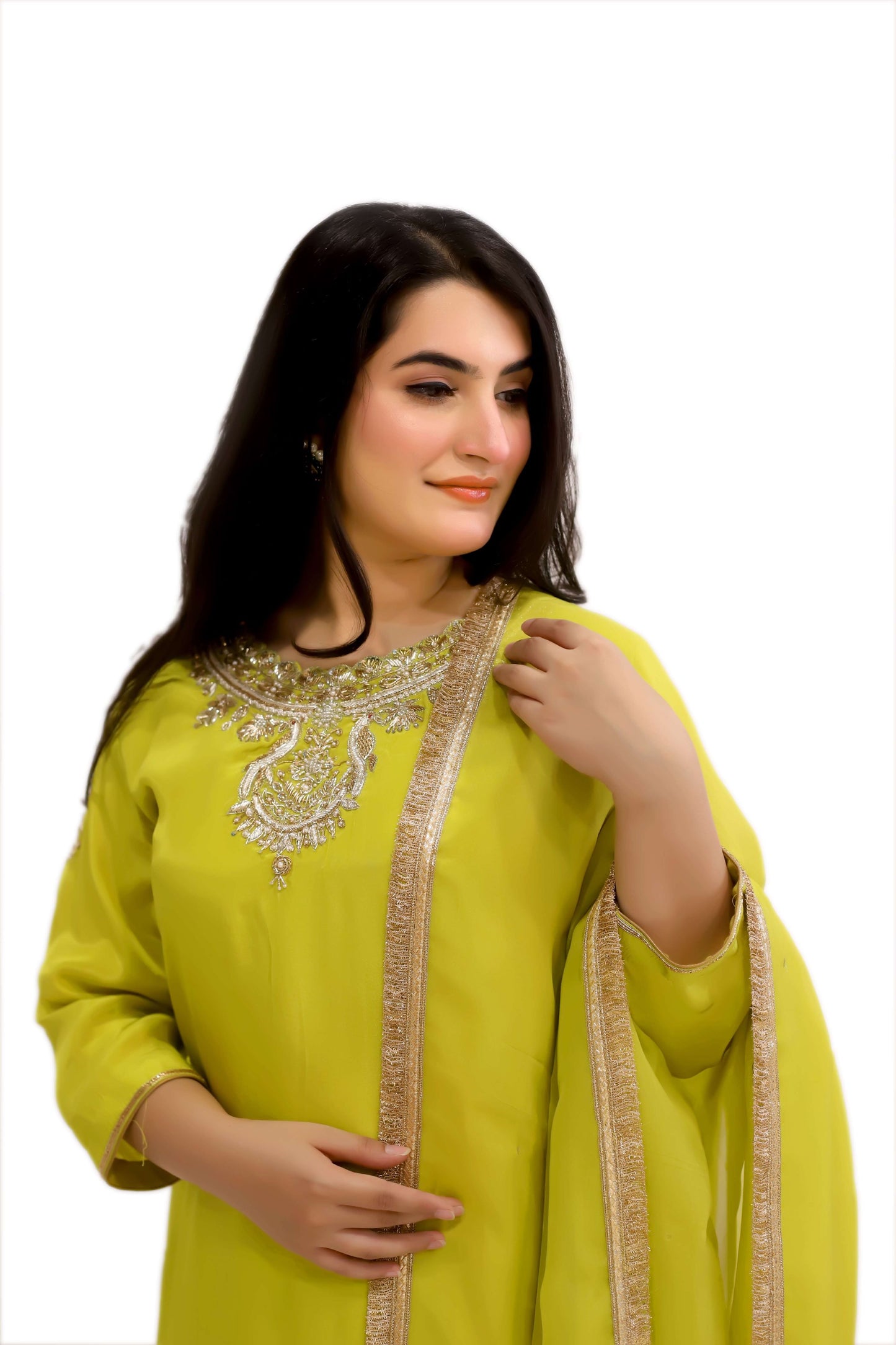 Lime Green viscose crepe kurta palazzo dupatta set (stitched)