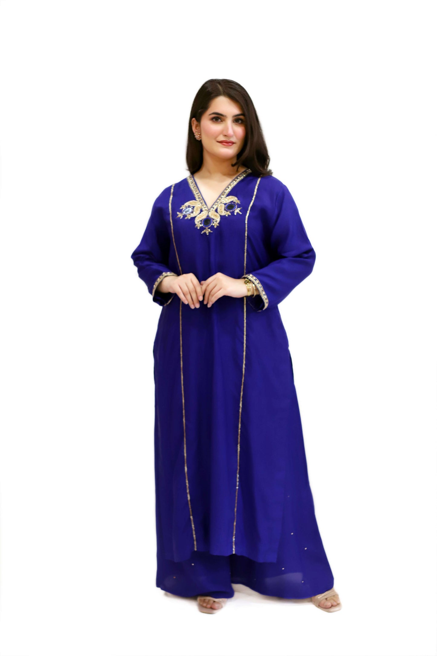 Blue Viscose crepe suit with palazzo and satin organza dupatta