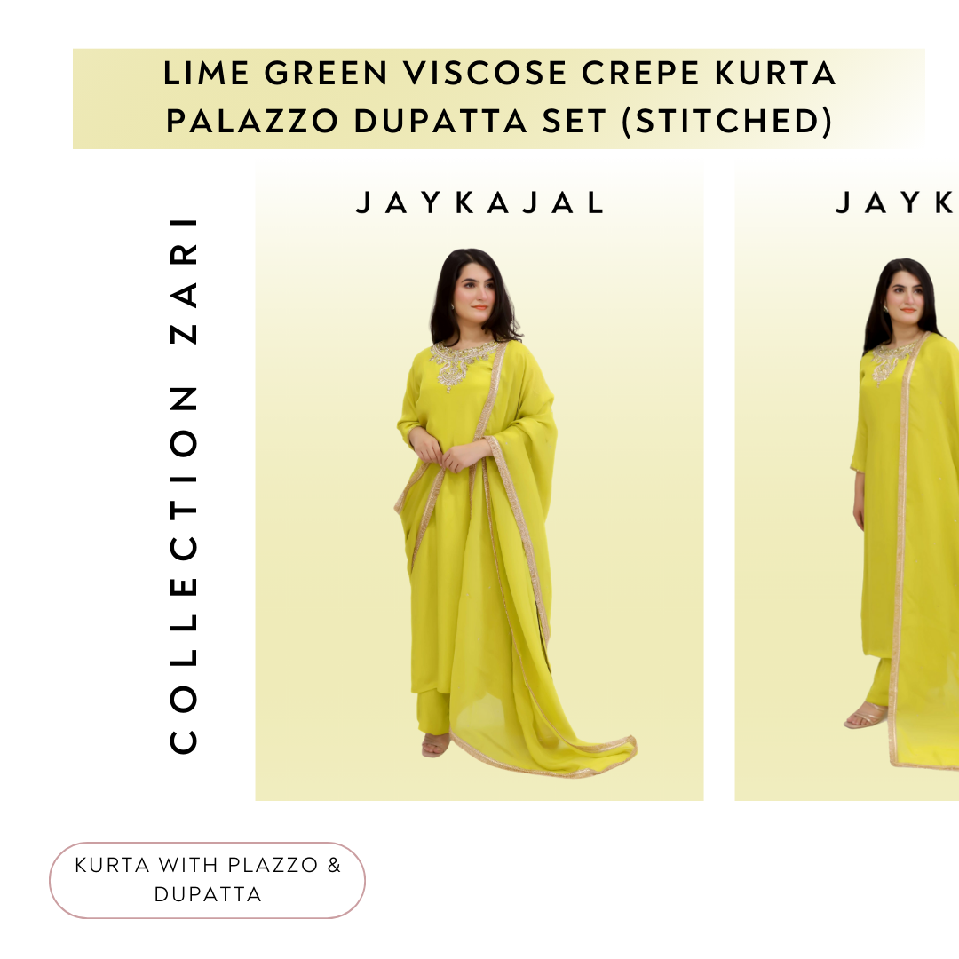 Lime Green viscose crepe  kurta palazzo dupatta set (stitched)