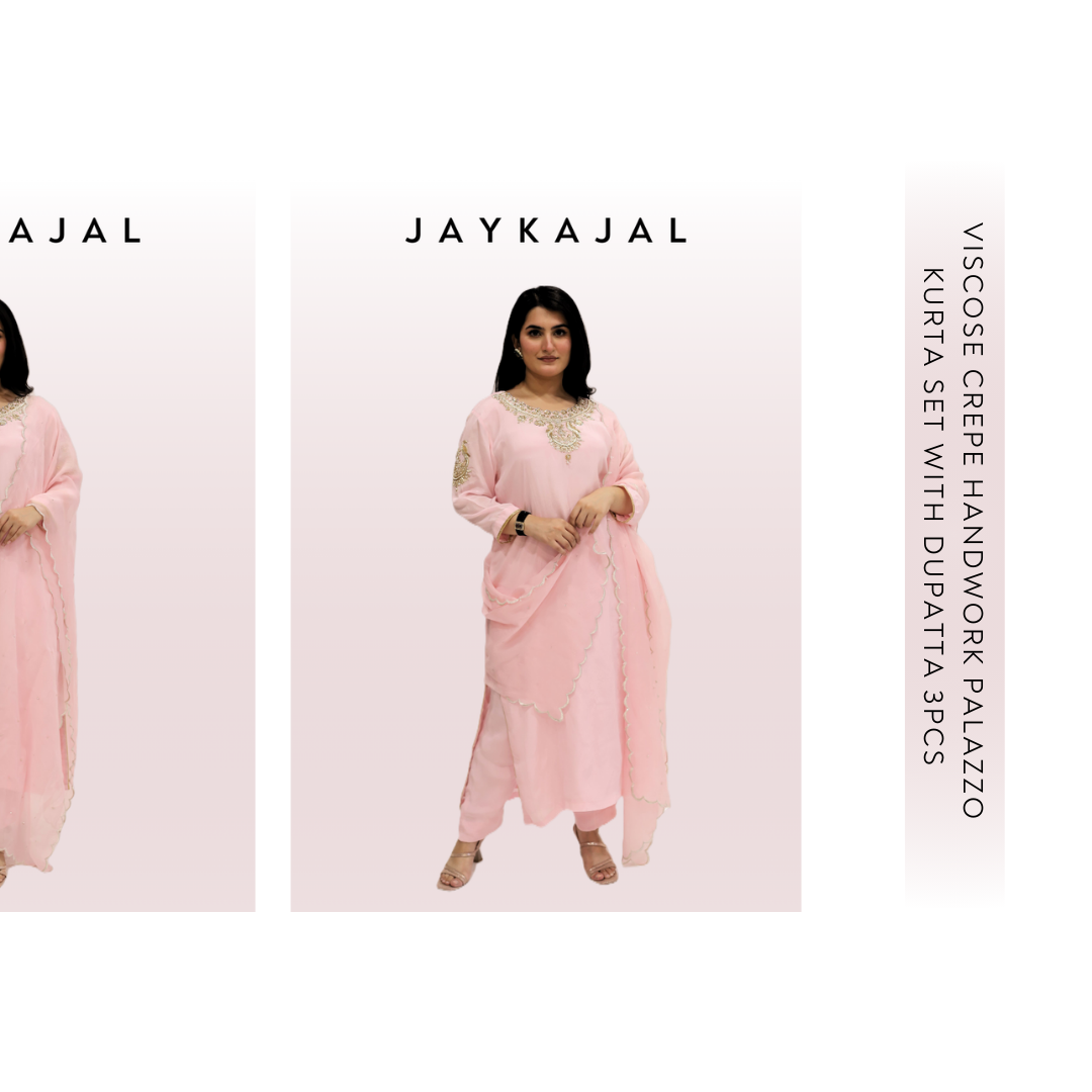 Pastel Pink viscose crepe  kurta palazzo dupatta set (stitched)