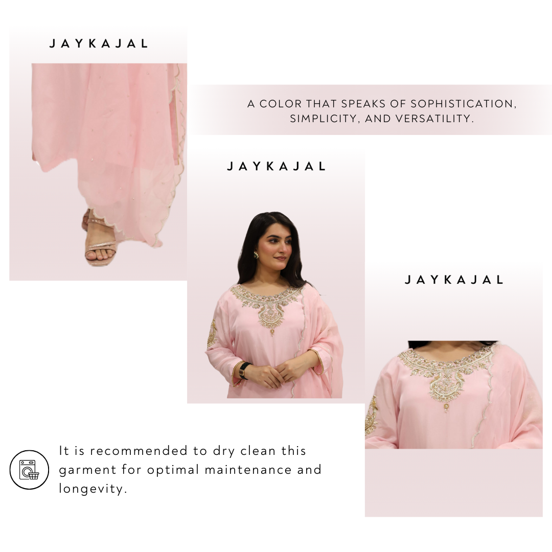 Pastel Pink viscose crepe  kurta palazzo dupatta set (stitched)