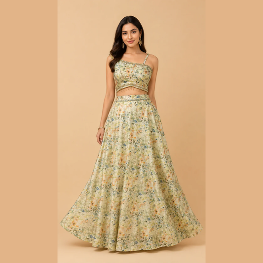 Floral Silk crop & Skirt