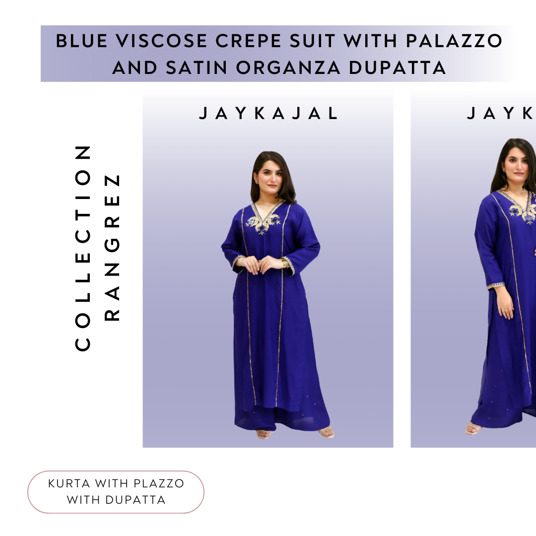 Blue Viscose crepe suit with palazzo and satin organza dupatta