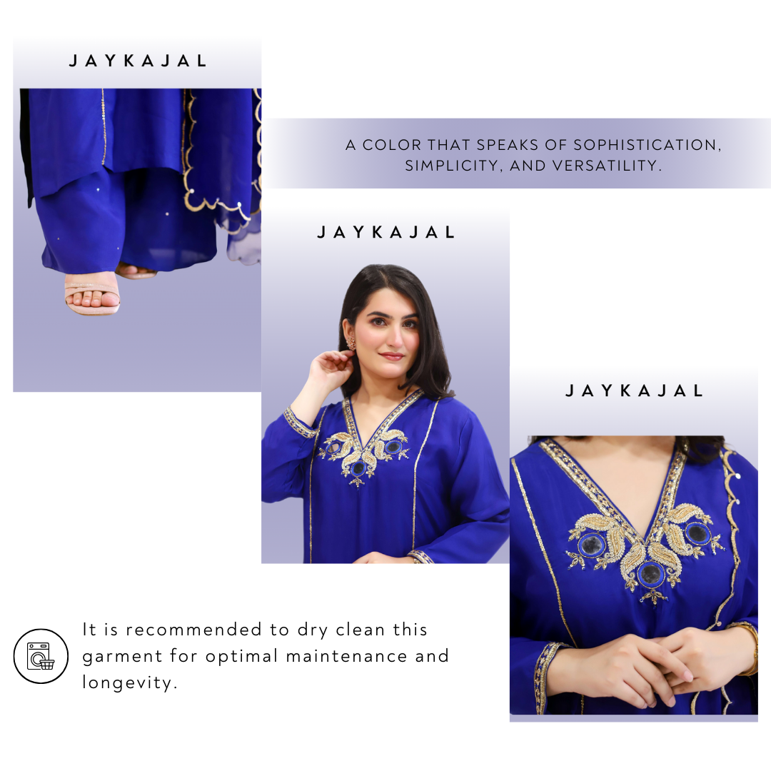 Blue Viscose crepe suit with palazzo and satin organza dupatta