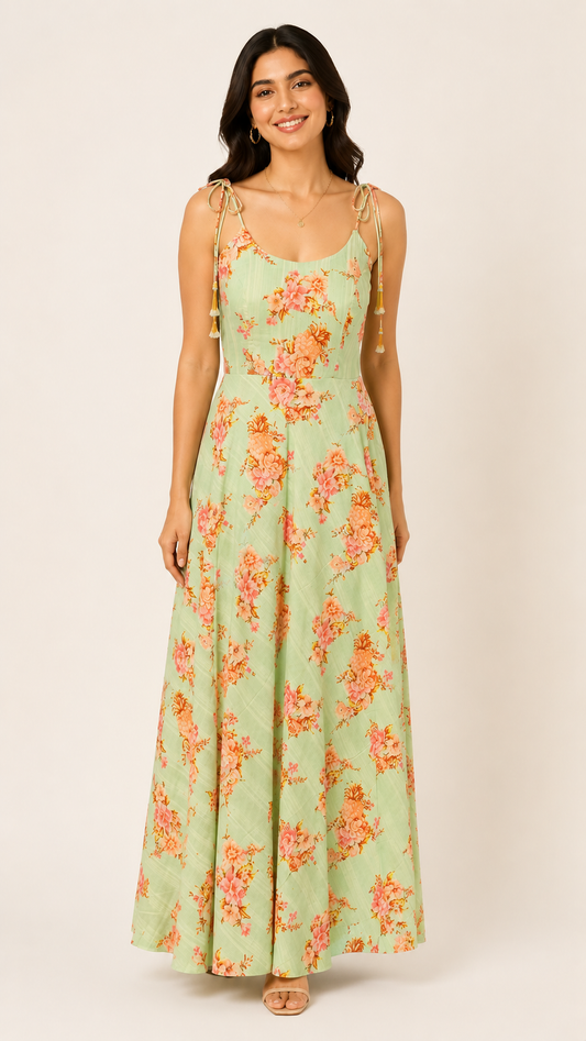 Mint Bloom Tie-Up Maxi Dress
