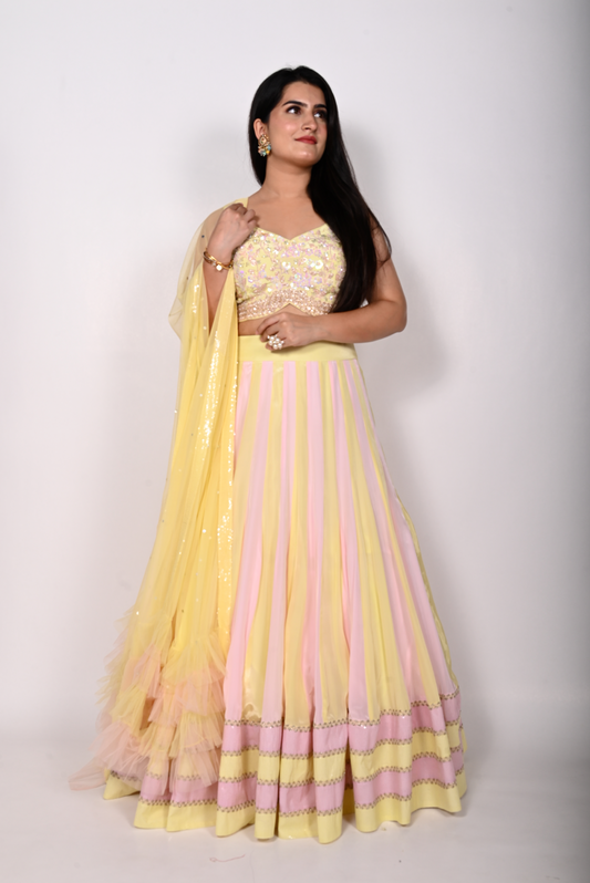 Pink and Lemon Dual Shade Lehnga Choli Dupatta