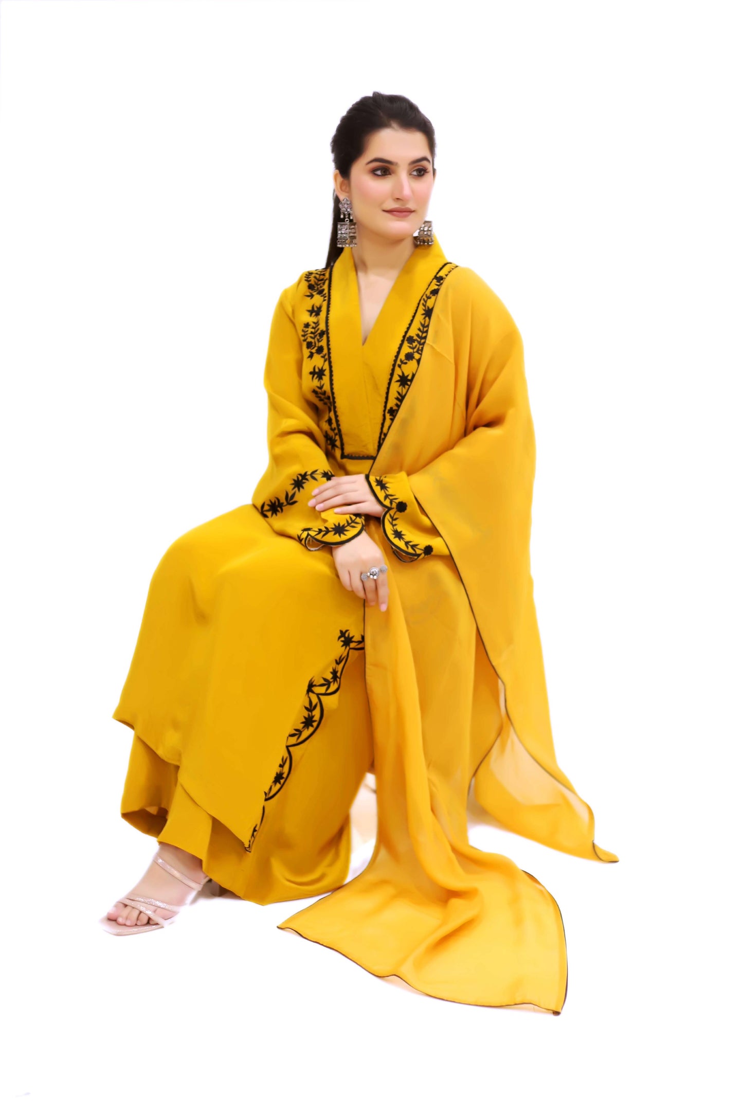 Mustard and black embroidery suit set (stitched)