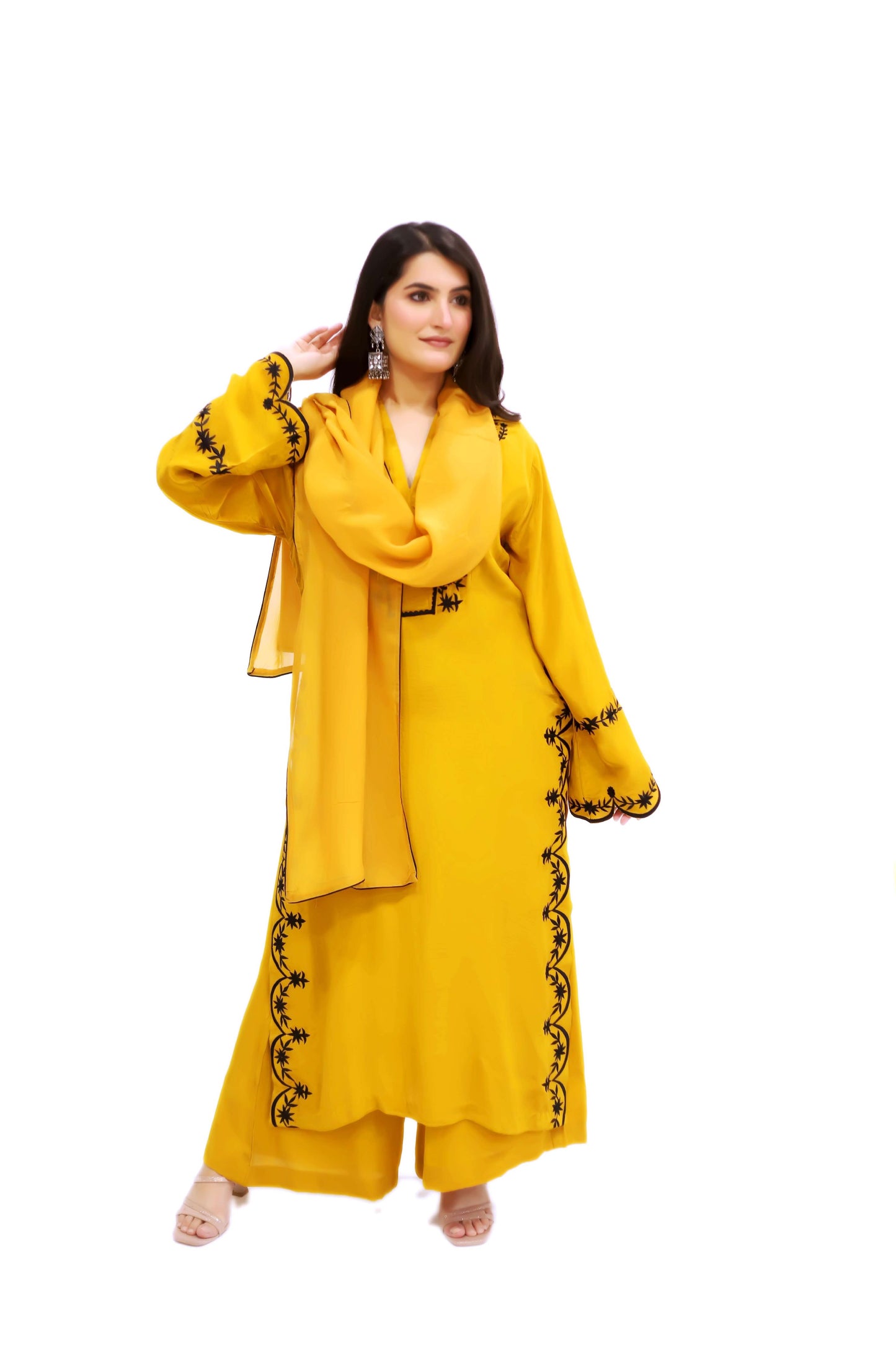 Mustard and black embroidery suit set (stitched)