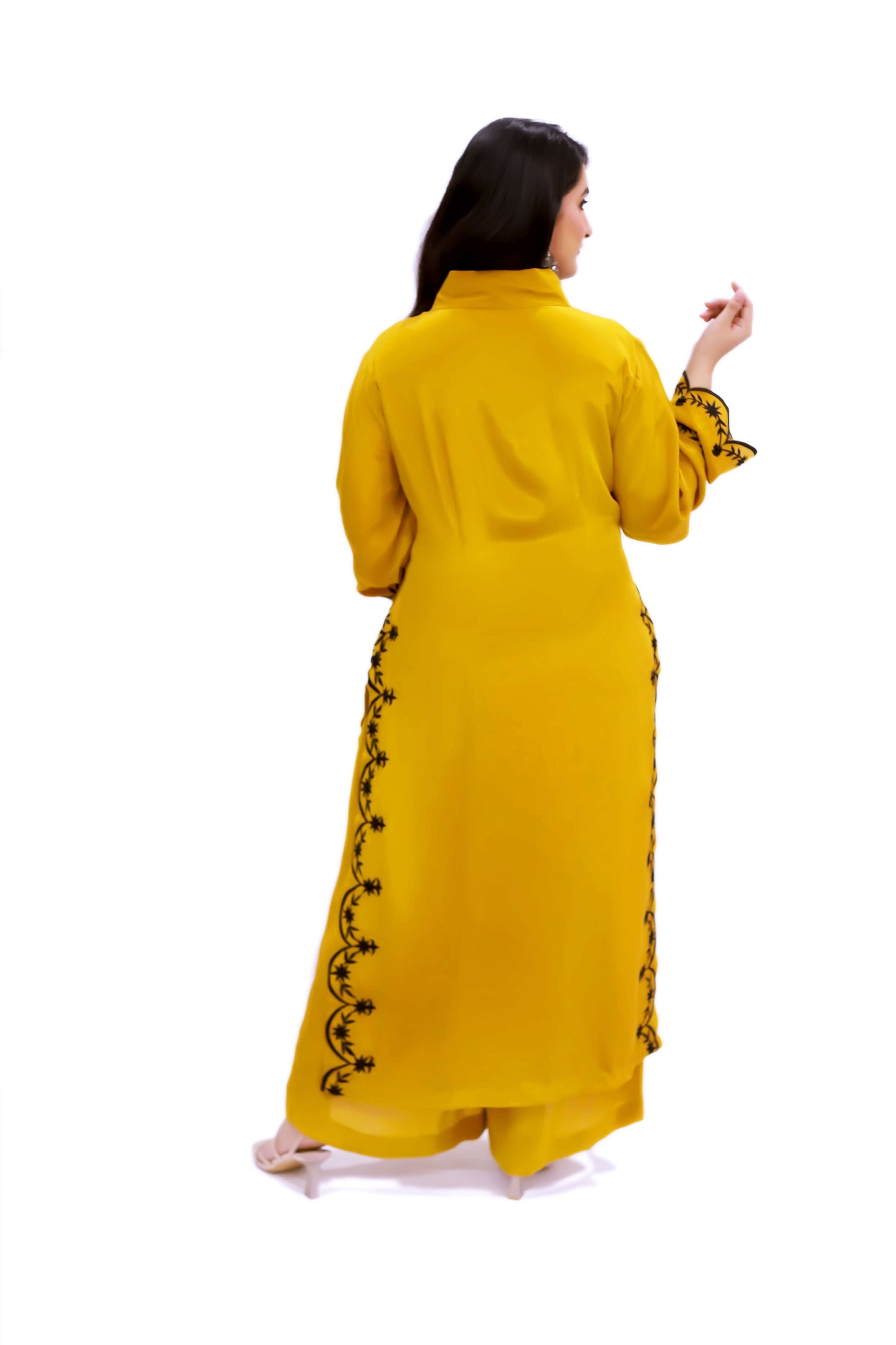 Mustard and black embroidery suit set (stitched)