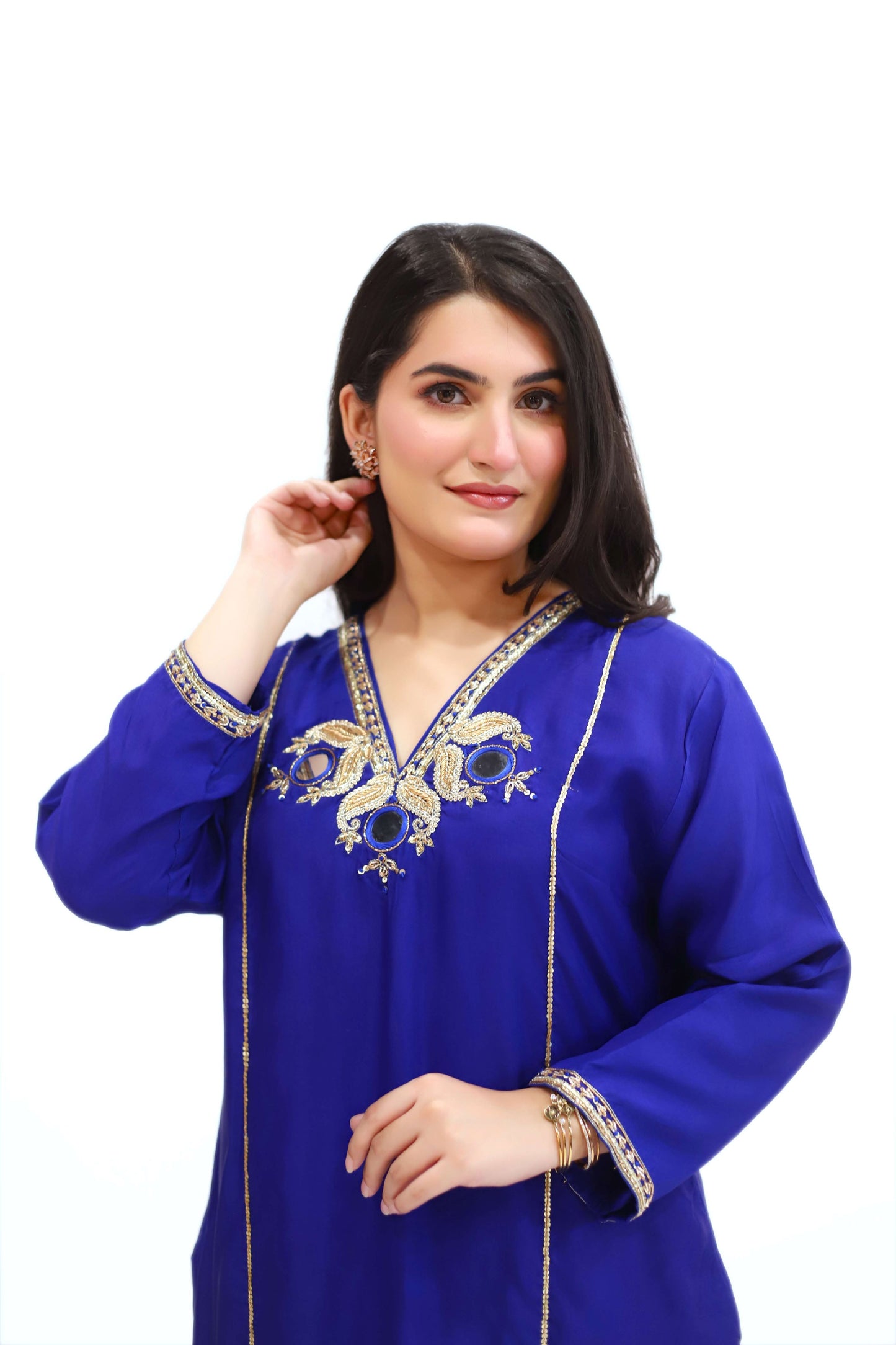 Blue Viscose crepe suit with palazzo and satin organza dupatta