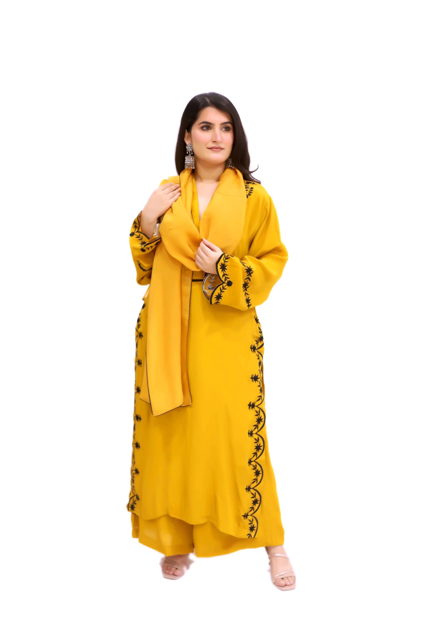 Mustard and black embroidery suit set (stitched)