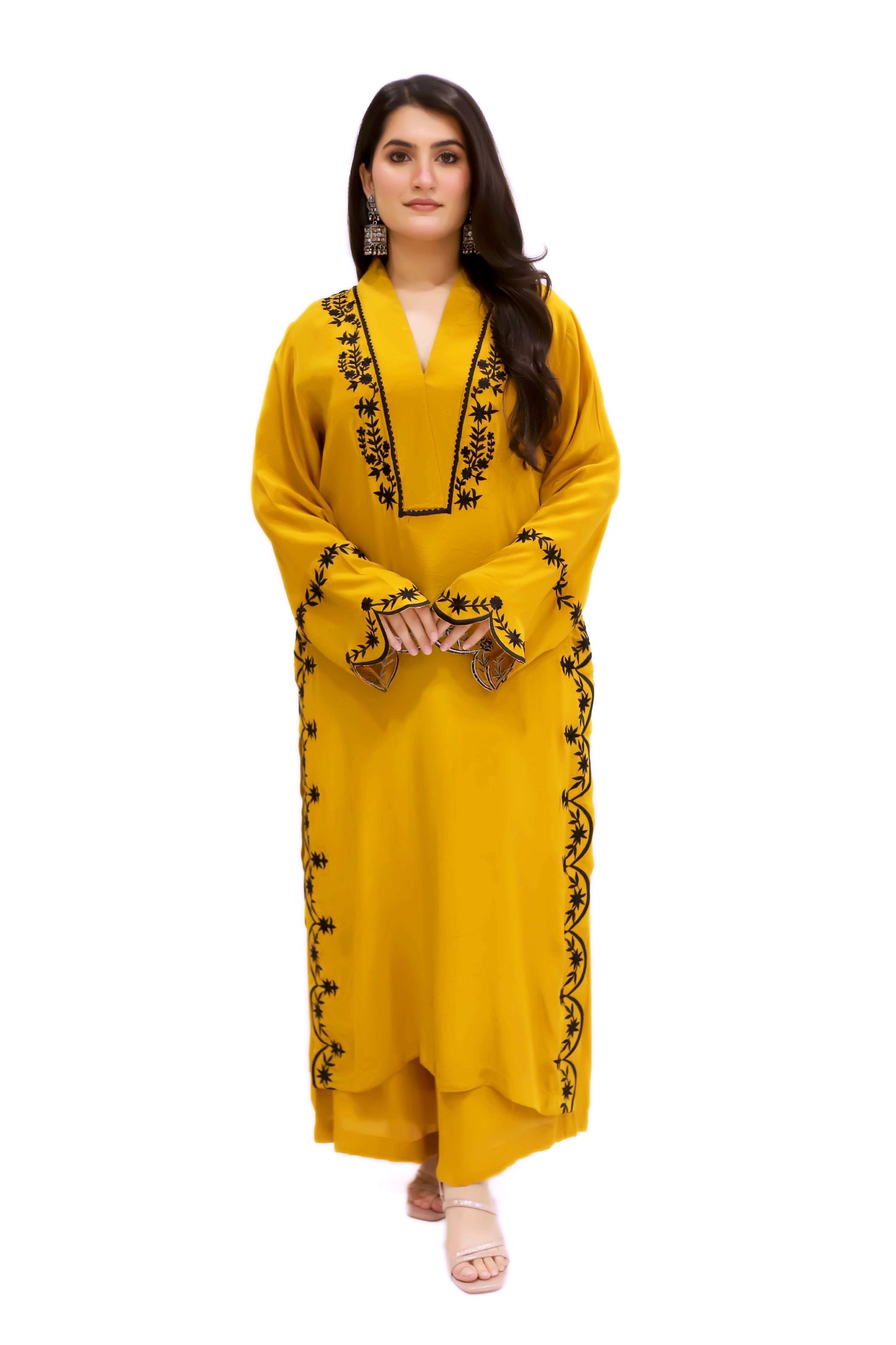 Mustard and black embroidery suit set (stitched)