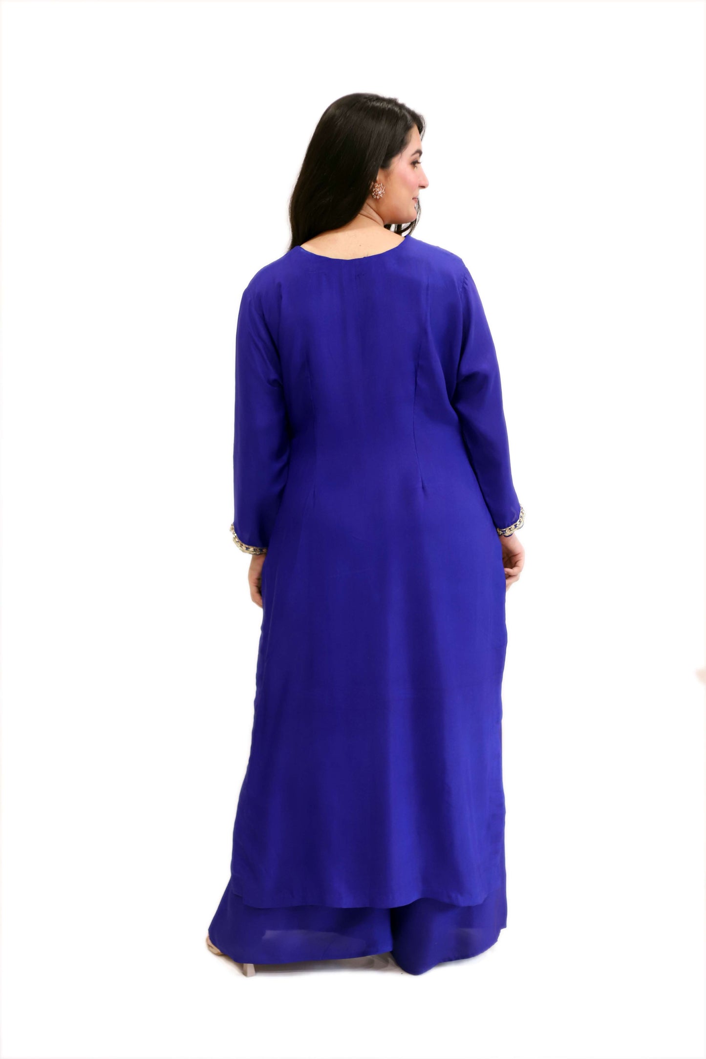 Blue Viscose crepe suit with palazzo and satin organza dupatta