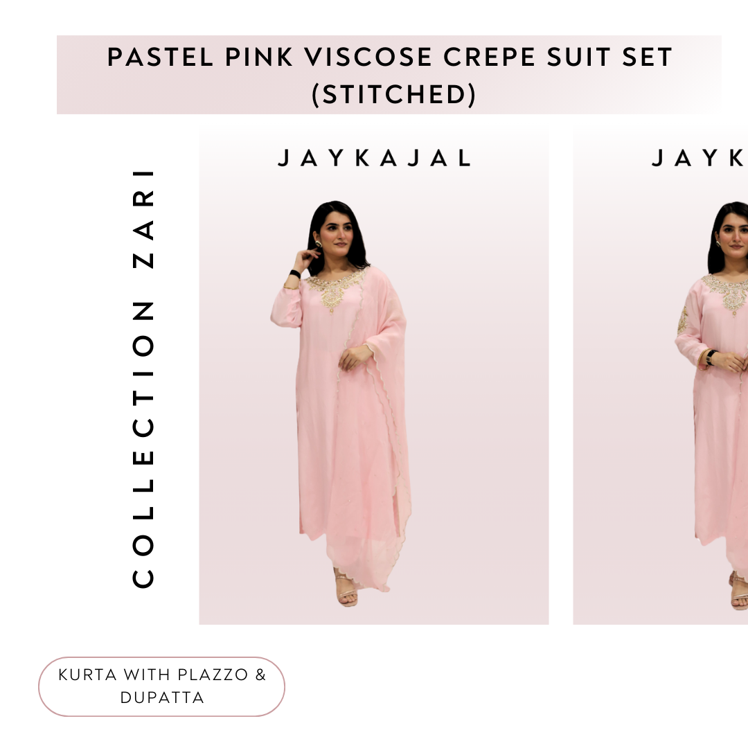 Pastel Pink viscose crepe  kurta palazzo dupatta set (stitched)