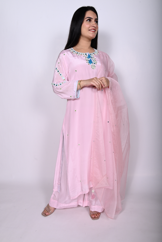 Viscose Crepe Embroidered Suit Set with Palazzo and Dupatta